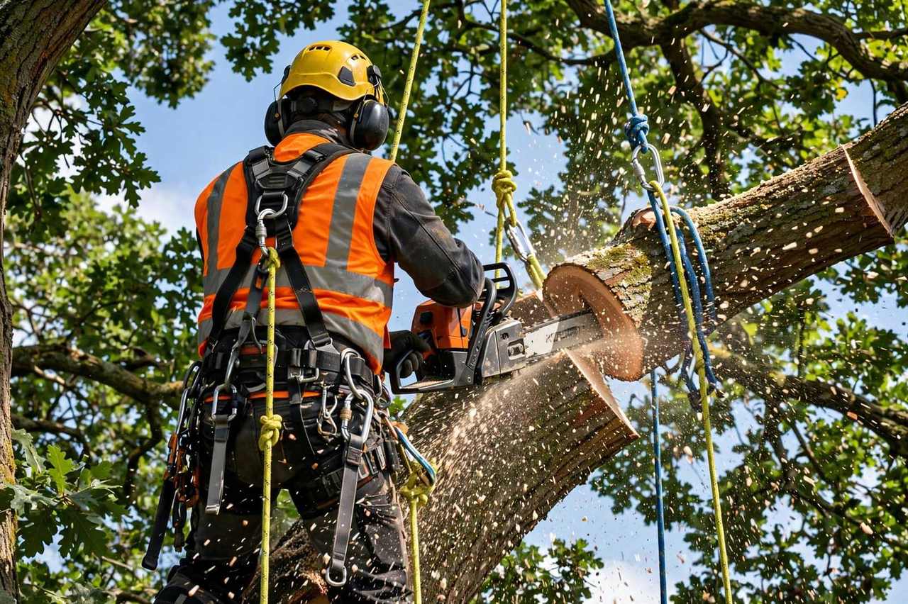 Arborist in safety gear cutting a large tree limb with a chainsaw