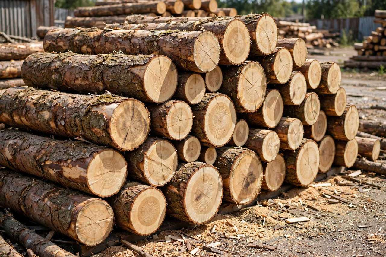 Stacked cords of freshly cut logs showing growth rings on the cut ends