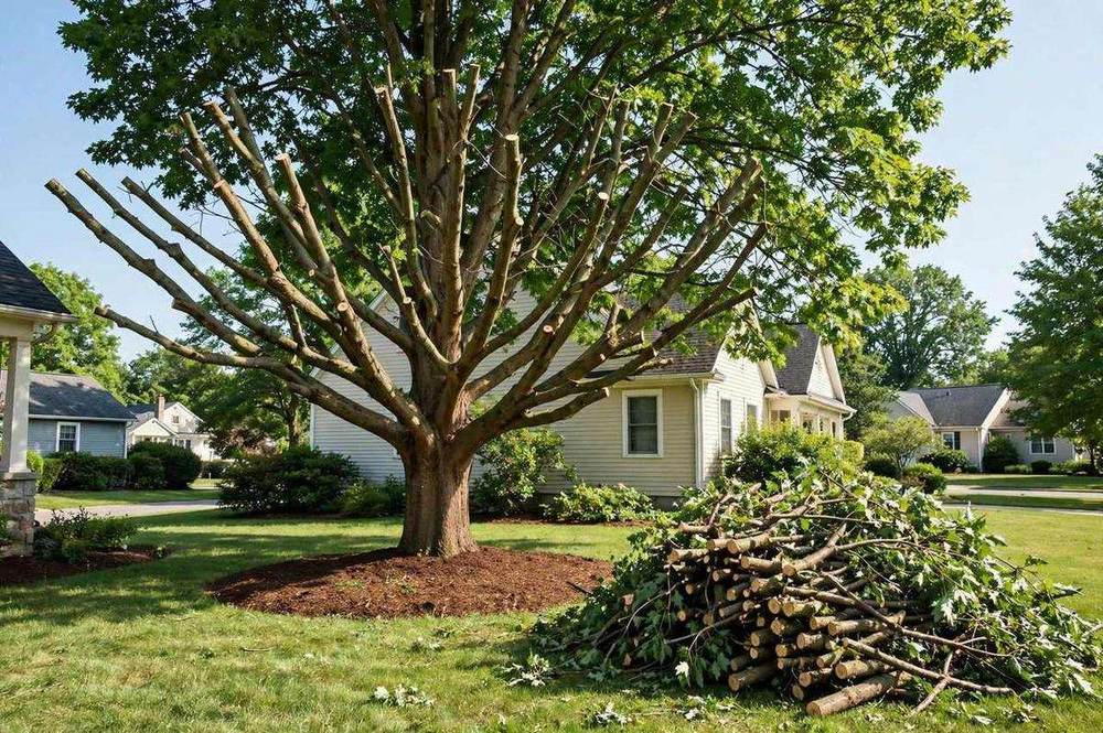 Freshly trimmed shade tree with cut branches neatly stacked on the lawn